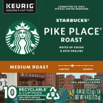 Starbucks 100% Arabica Ground Medium Roast Pike Place Roast K-Cup Pods Coffee, 0.44 oz, 10 ct