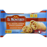 El Monterey Egg Potato Cheese Sauce & Sausage 8-Pack Family Size Breakfast Wraps, 8 wraps